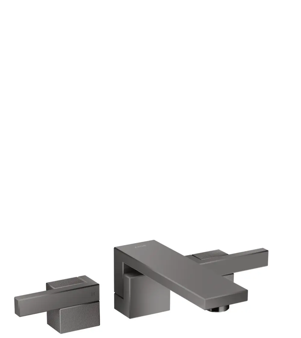 AXOR Waschtischarmatur mit drei Komponenten, darunter Hebel für Warm- und Kaltwasser sowie Auslauf, in schwarzem Chrom-Finish und minimalistischer Bauweise.